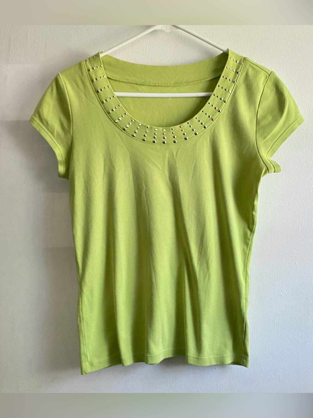 Lime Green Cotton Studded Neckline Small Short Sleeve Top